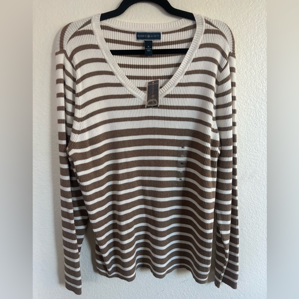 NEW WITH TAG! Karen Scott White and Brown Striped Sweater